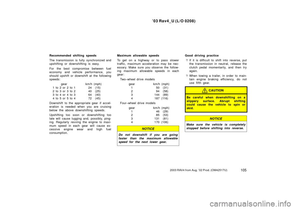 TOYOTA RAV4 2003 XA20 / 2.G Owners Manual ’03 Rav4_U (L/O 0208)
1052003 RAV4 from Aug. ’02 Prod. (OM42517U)
Recommended shifting speeds
The transmission is fully synchronized and
upshifting or downshifting is easy.
For the best compromis TOYOTA RAV4 2003 XA20 / 2.G Owners Manual ’03 Rav4_U (L/O 0208)
1052003 RAV4 from Aug. ’02 Prod. (OM42517U)
Recommended shifting speeds
The transmission is fully synchronized and
upshifting or downshifting is easy.
For the best compromis