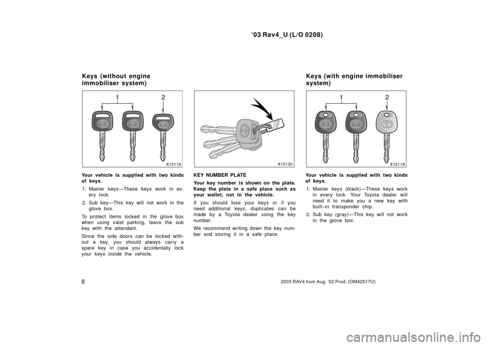 TOYOTA RAV4 2003 XA20 / 2.G Owners Manual ’03 Rav4_U (L/O 0208)
82003 RAV4 from Aug. ’02 Prod. (OM42517U)
Your vehicle is supplied with two kinds
of keys.1. Master keys—These keys work in ev- ery lock.
2. Sub key—This key will not wor