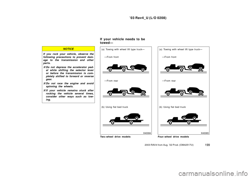 TOYOTA RAV4 2003 XA20 / 2.G Owners Manual ’03 Rav4_U (L/O 0208)
1992003 RAV4 from Aug. ’02 Prod. (OM42517U)
NOTICE
If you rock your vehicle, observe the
following precautions to prevent dam-
age to the transmission and other
parts.
Do no