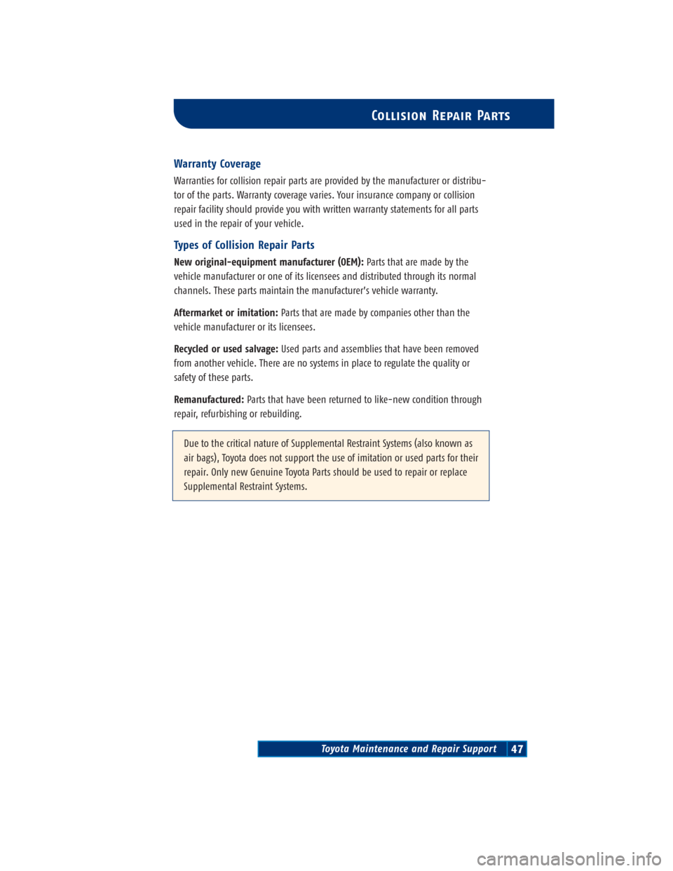 TOYOTA RAV4 2004 XA20 / 2.G Scheduled Maintenance Guide Toyota Maintenance and Repair Support47
Collision Repair Parts
Warranty Coverage
Warranties for collision repair parts are provided by the manufacturer or distribu-
tor of the parts. Warranty coverage