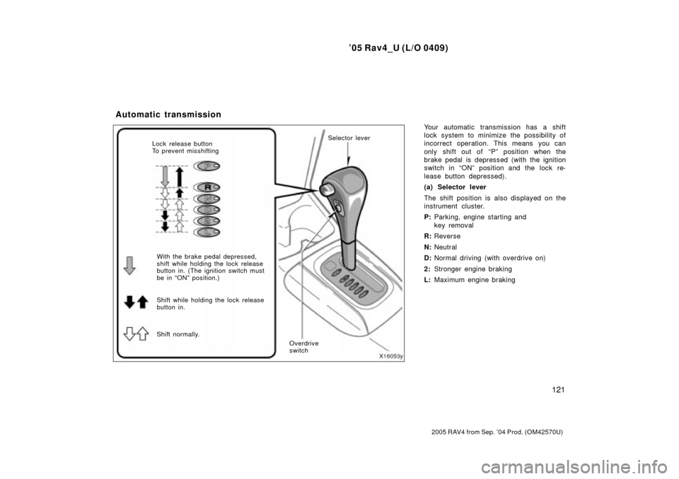 TOYOTA RAV4 2005 XA30 / 3.G Owners Manual 05 Rav4_U (L/O 0409)
121
2005 RAV4 from Sep. 04 Prod. (OM42570U)
Your automatic transmission has a shift
lock system to minimize the possibility of
incorrect operation. This means you can
only shift