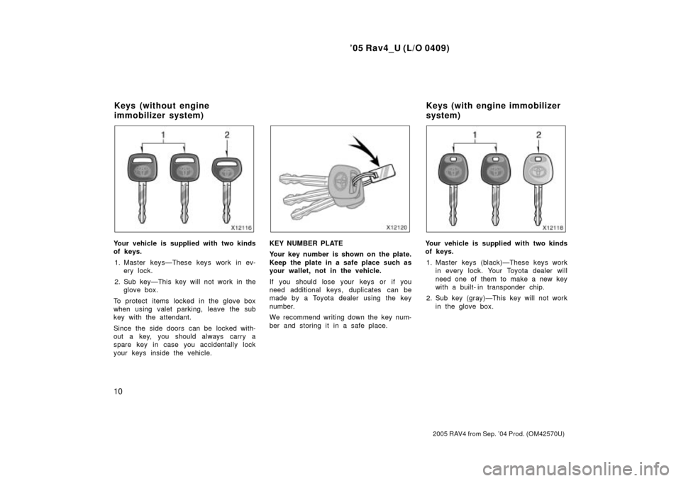 TOYOTA RAV4 2005 XA30 / 3.G Owners Manual 05 Rav4_U (L/O 0409)
10
2005 RAV4 from Sep. 04 Prod. (OM42570U)
Your vehicle is supplied with two kinds
of keys.1. Master keysÐThese keys work in ev- ery lock.
2. Sub keyÐThis key will not work in