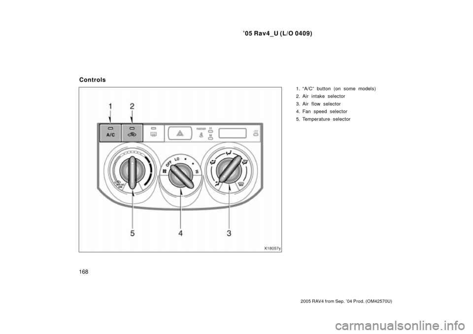 TOYOTA RAV4 2005 XA30 / 3.G Owners Manual 05 Rav4_U (L/O 0409)
168
2005 RAV4 from Sep. 04 Prod. (OM42570U)
1. A/Cº button (on some models)
2. Air intake selector
3. Air flow selector
4. Fan speed selector
5. Temperature selector
Controls 