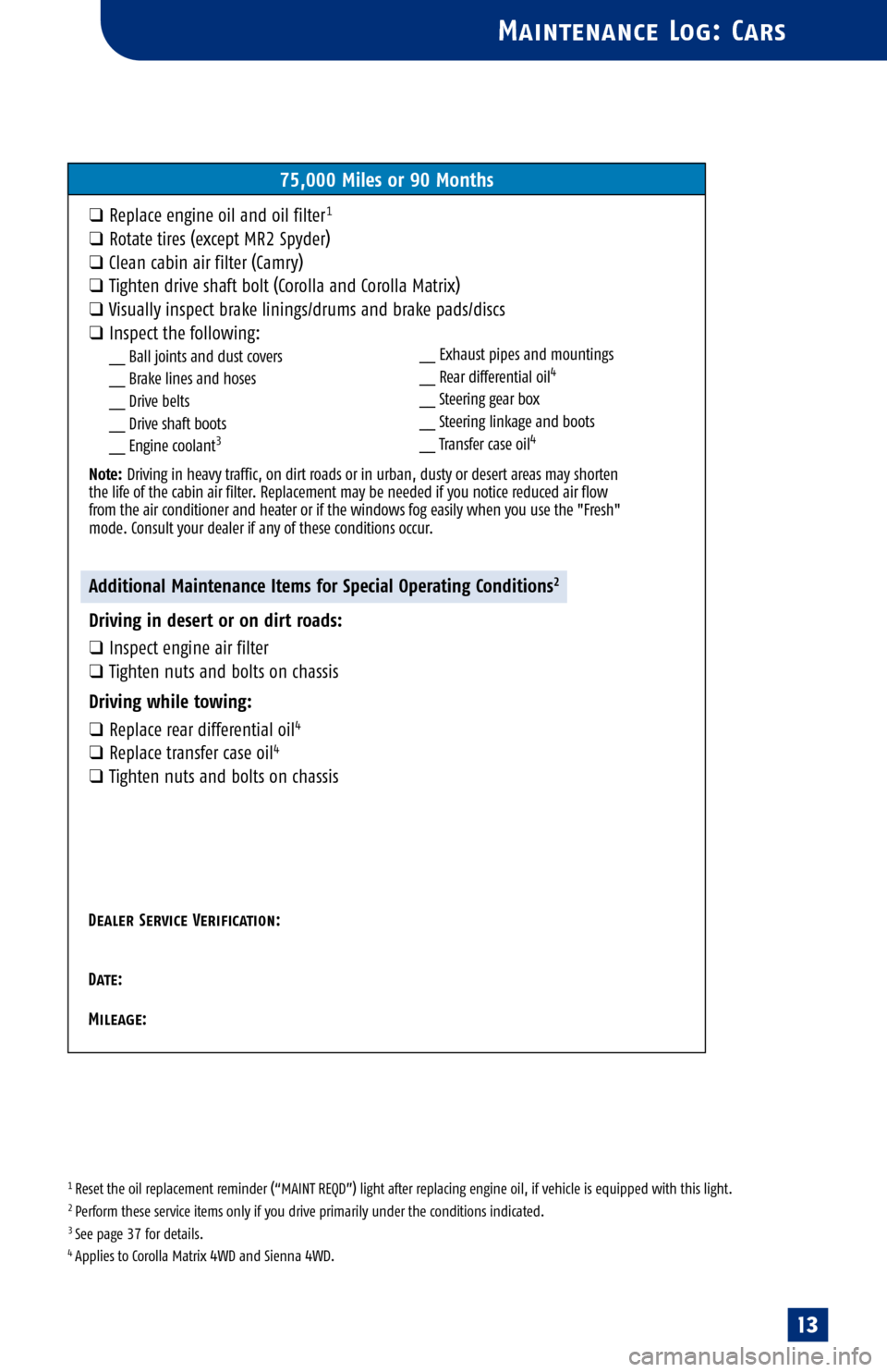 TOYOTA RAV4 2005 XA30 / 3.G Scheduled Maintenance Guide
1 Reset the oil replacement reminder (“MAINT REQD”) light after replacing engine oil, if vehicle is equipped with this light.2 Perform these service items only if you drive primarily under the co TOYOTA RAV4 2005 XA30 / 3.G Scheduled Maintenance Guide
1 Reset the oil replacement reminder (“MAINT REQD”) light after replacing engine oil, if vehicle is equipped with this light.2 Perform these service items only if you drive primarily under the co