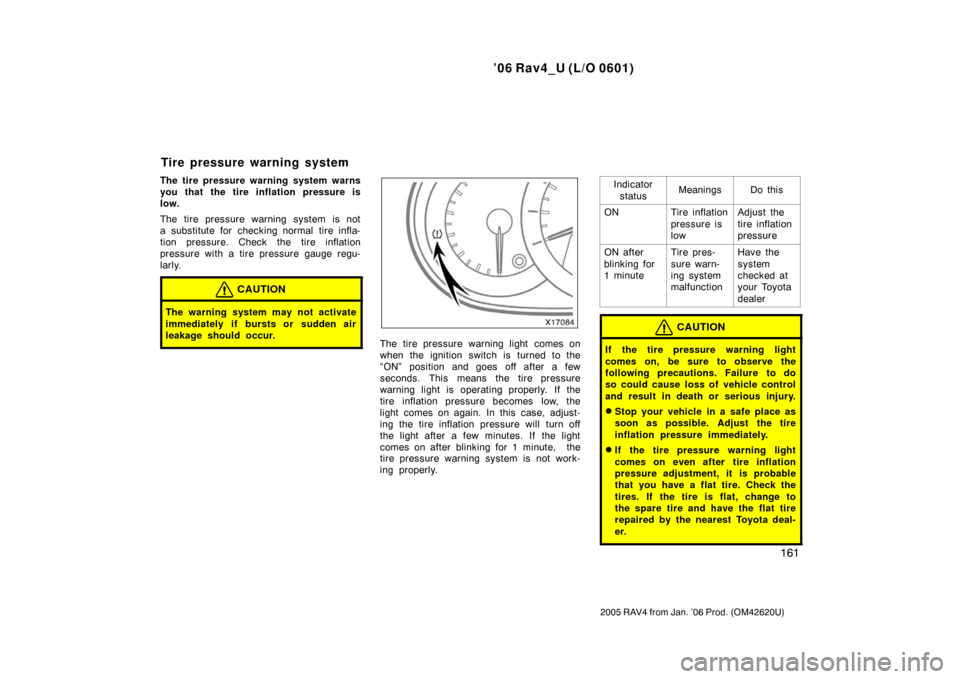 TOYOTA RAV4 2006 XA30 / 3.G Owners Manual ’06 Rav4_U (L/O 0601)
161
2005 RAV4 from Jan. ’06 Prod. (OM42620U)
The tire pressure warning system warns
you that the tire inflation pressure is
low.
The tire pressure warning system is not
a sub
