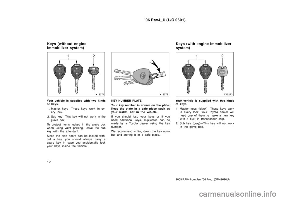 TOYOTA RAV4 2006 XA30 / 3.G Owners Manual ’06 Rav4_U (L/O 0601)
12
2005 RAV4 from Jan. ’06 Prod. (OM42620U)
Your vehicle is supplied with two kinds
of keys.1. Master keys—These keys work in ev- ery lock.
2. Sub key—This key will not w