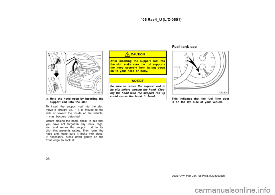 TOYOTA RAV4 2006 XA30 / 3.G Owners Manual ’06 Rav4_U (L/O 0601)
28
2005 RAV4 from Jan. ’06 Prod. (OM42620U)
3. Hold the hood open by inserting thesupport rod into the slot.
To insert the support rod into the slot,
move it straight up. If 