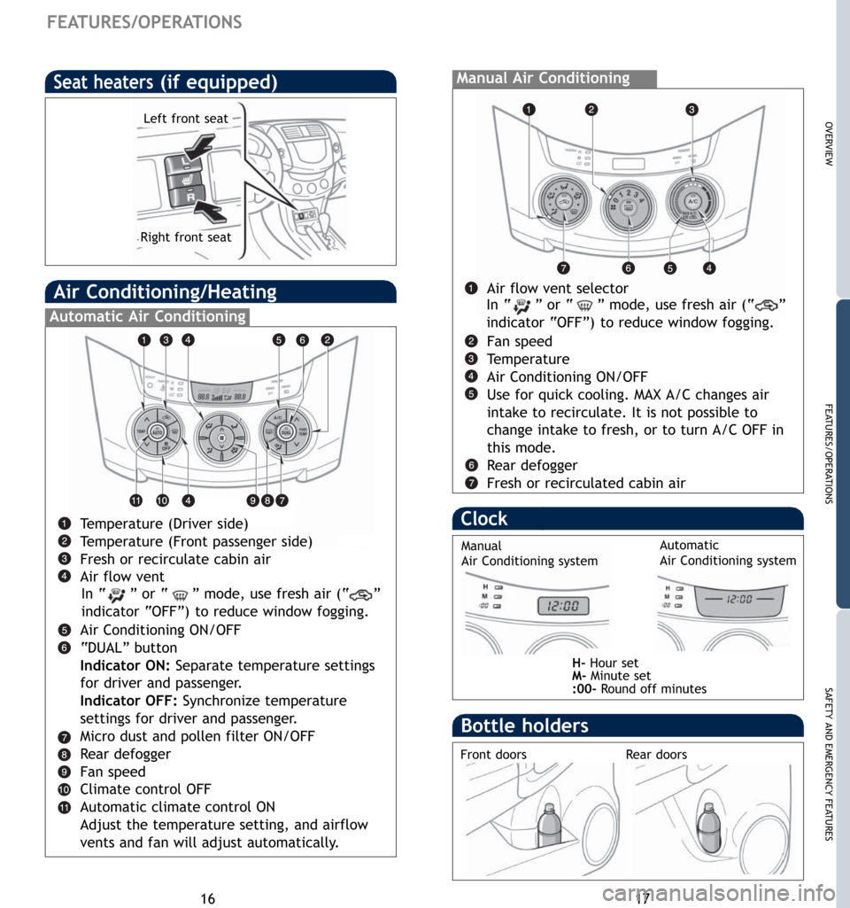 TOYOTA RAV4 2007 XA30 / 3.G Quick Reference Guide 17 16
FEATURES/OPERATIONS
OVERVIEW
FEATURES/OPERATIONS
SAFETY AND EMERGENCY FEATURES
Air Conditioning/Heating 
Manual Air Conditioning
Air flow vent selector
Fan speed
Temperature
Air Conditioning ON/