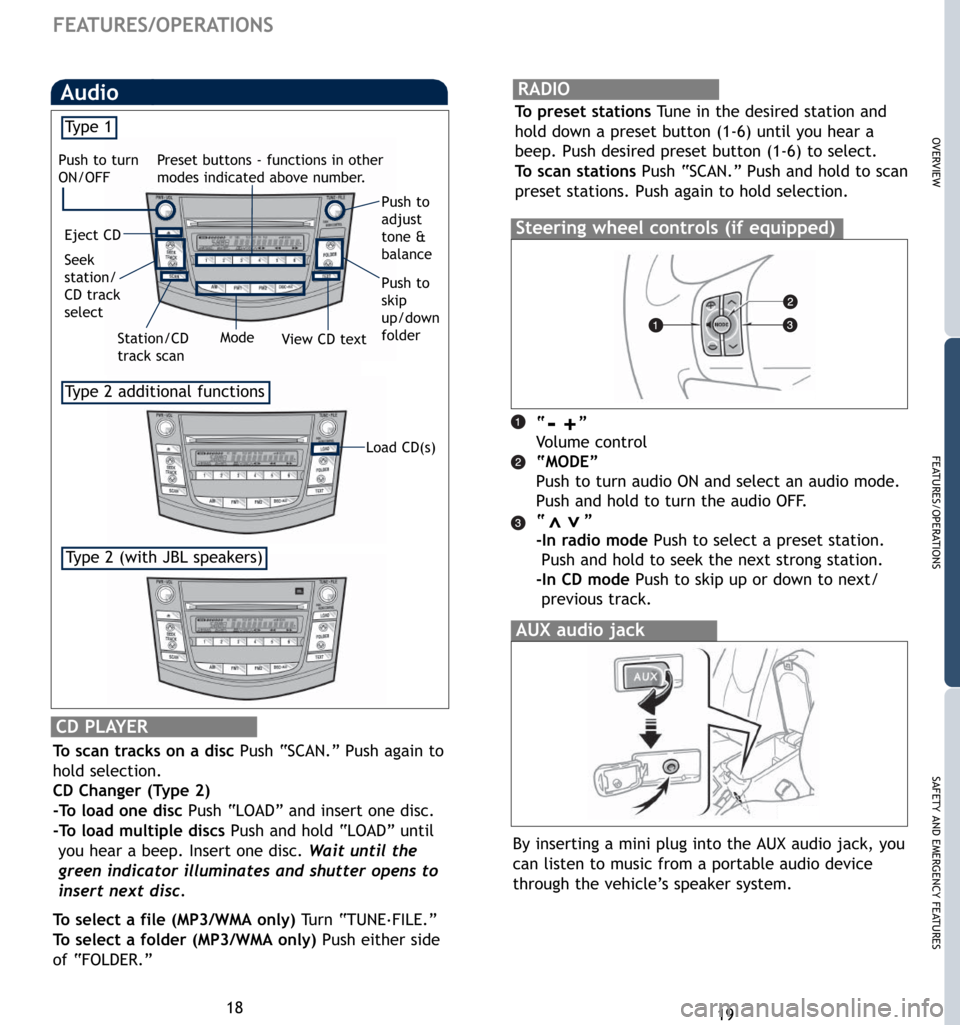 TOYOTA RAV4 2007 XA30 / 3.G Quick Reference Guide 19
OVERVIEW
FEATURES/OPERATIONS
SAFETY AND EMERGENCY FEATURES
18
FEATURES/OPERATIONS
“”
Vo l u m e control
“MODE”
Push to turn audio ON and select an audio mode.
Push and hold to turn the audi