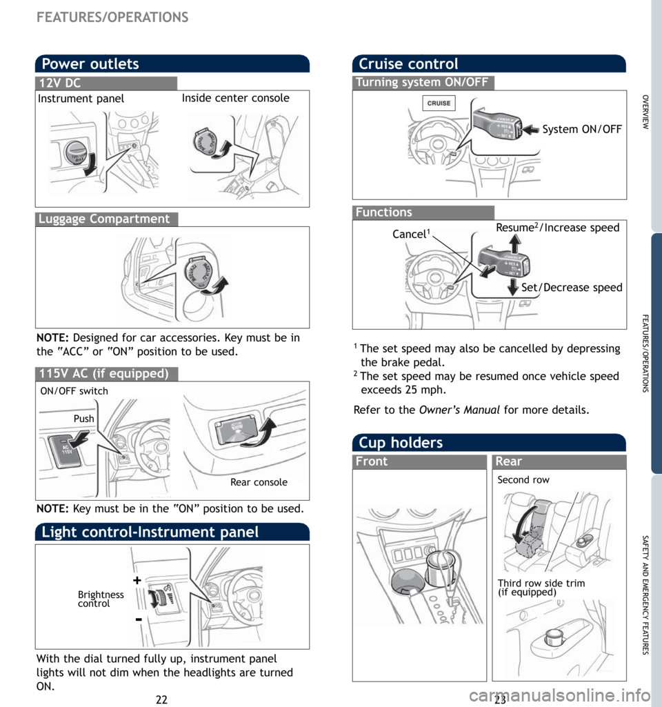 TOYOTA RAV4 2007 XA30 / 3.G Quick Reference Guide 23
OVERVIEW
FEATURES/OPERATIONS
SAFETY AND EMERGENCY FEATURES
22
FEATURES/OPERATIONS
Cup holders
FrontRear
Second row
Third row side trim
(if equipped)
115V AC (if equipped)
ON/OFF switch
Rear console
