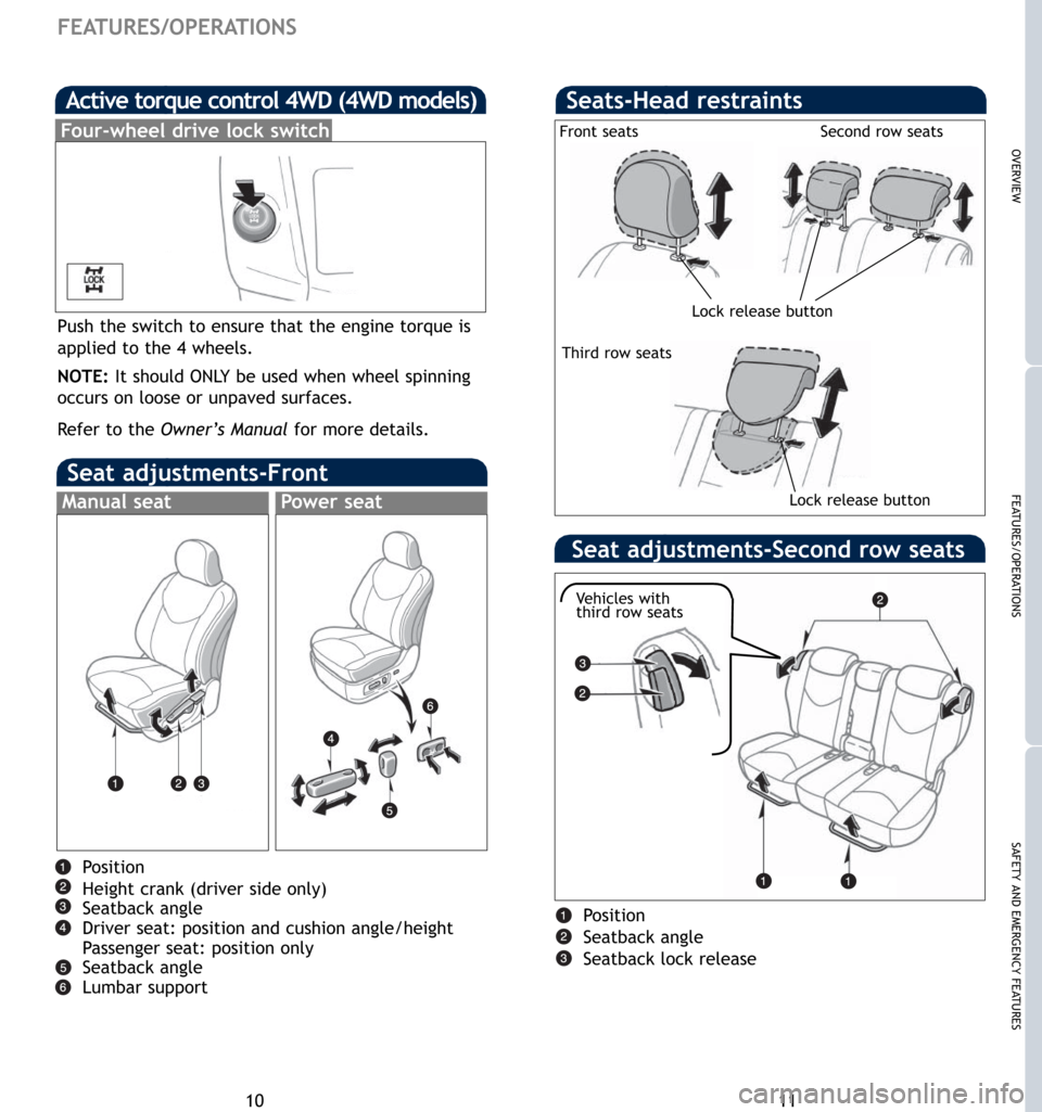 TOYOTA RAV4 2007 XA30 / 3.G Quick Reference Guide 11
OVERVIEW
FEATURES/OPERATIONS
SAFETY AND EMERGENCY FEATURES
10
FEATURES/OPERATIONS
Position
Height crank (driver side only)
Seatback angle
Driver seat: position and cushion angle/height 
Passenger s