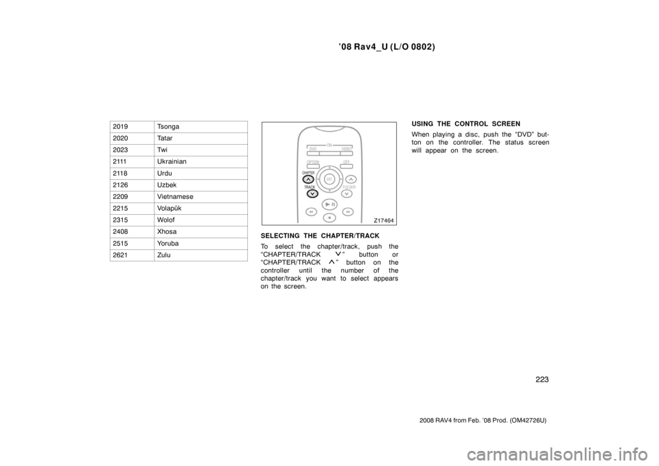 TOYOTA RAV4 2008 XA30 / 3.G Owners Manual ’08 Rav4_U (L/O 0802)
223
2008 RAV4 from Feb. ’08 Prod. (OM42726U)
2019Tsonga
2020Ta t a r
2023Tw i
2111Ukrainian
2118Urdu
2126Uzbek
2209Vietnamese
2215Volapük
2315Wolof
2408Xhosa
2515Yoruba
2621