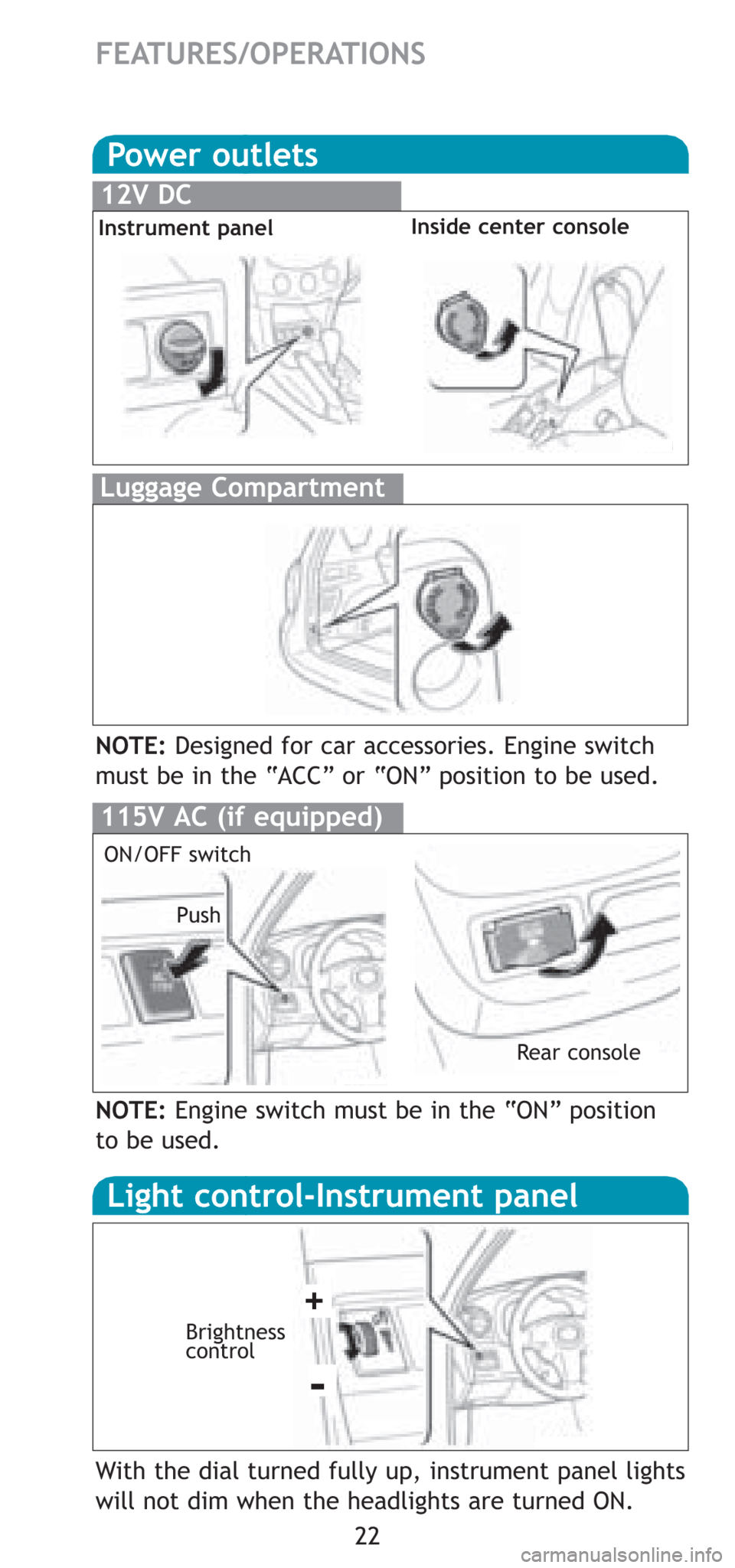 TOYOTA RAV4 2008 XA30 / 3.G Quick Reference Guide 22
FEATURES/OPERATIONS
115V AC (if equipped)
ON/OFF switch
Rear console Push
NOTE:Engine switch must be in the “ON” position 
to be used.
Light control-Instrument panel
Brightness 
control+
-
Powe