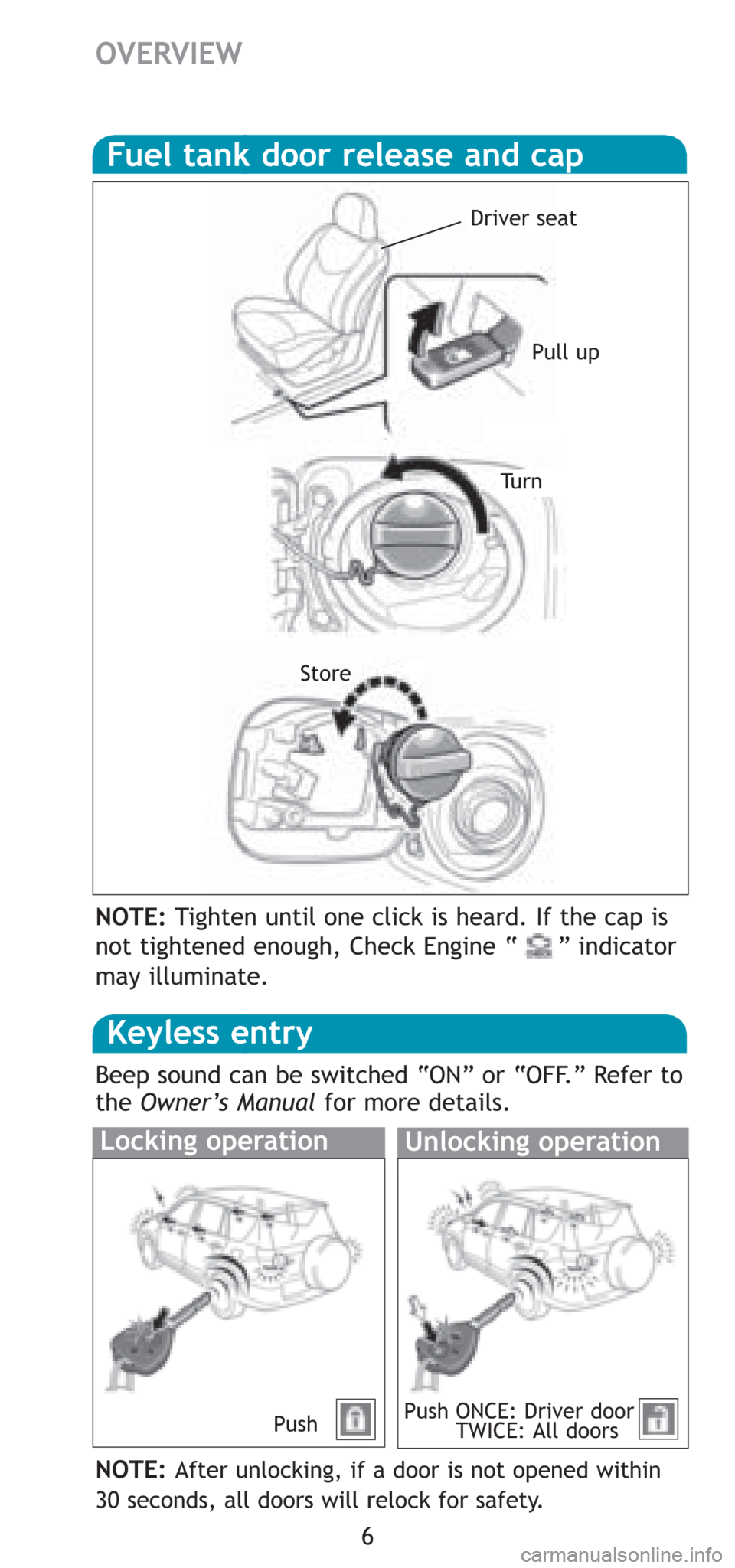 TOYOTA RAV4 2008 XA30 / 3.G Quick Reference Guide 6
OVERVIEW
NOTE:Tighten until one click is heard. If the cap is
not tightened enough, Check Engine “ ” indicator
may illuminate.
Fuel tank door release and cap
Pull up
Tu r n
Store
NOTE:After TOYOTA RAV4 2008 XA30 / 3.G Quick Reference Guide 6
OVERVIEW
NOTE:Tighten until one click is heard. If the cap is
not tightened enough, Check Engine “ ” indicator
may illuminate.
Fuel tank door release and cap
Pull up
Tu r n
Store
NOTE:After