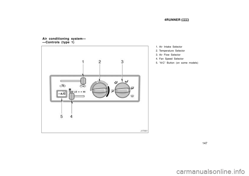 TOYOTA 4RUNNER 1999  Owners Manual 4RUNNER ()147
1. Air Intake Selector 
2. Temperature Selector 
3. Air Flow Selector 
4. Fan Speed Selector 
5. ºA/Cº Button (on some models)
Air conditioning systemÐ 
ÐControls (type 1)  