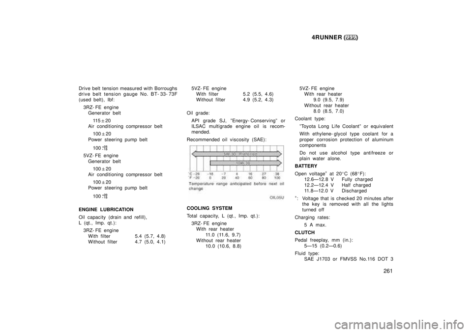 TOYOTA 4RUNNER 1999  Owners Manual 4RUNNER ()261
Drive belt tension measured with Borroughs 
drive belt tension gauge No. BT- 33- 73F
(used belt), Ibf:
3RZ- FE engineGenerator belt
11 5 �20
Air conditioning compressor belt
100 �20
Powe