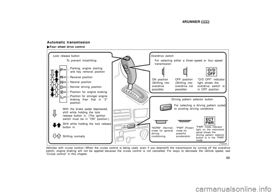TOYOTA 4RUNNER 1999  Owners Manual 4RUNNER ()99
Lock release buttonTo prevent misshifting
Parking, engine starting 
and key removal position 
Reverse position 
Neutral position
Normal driving position 
Position for engine braking 
Posi
