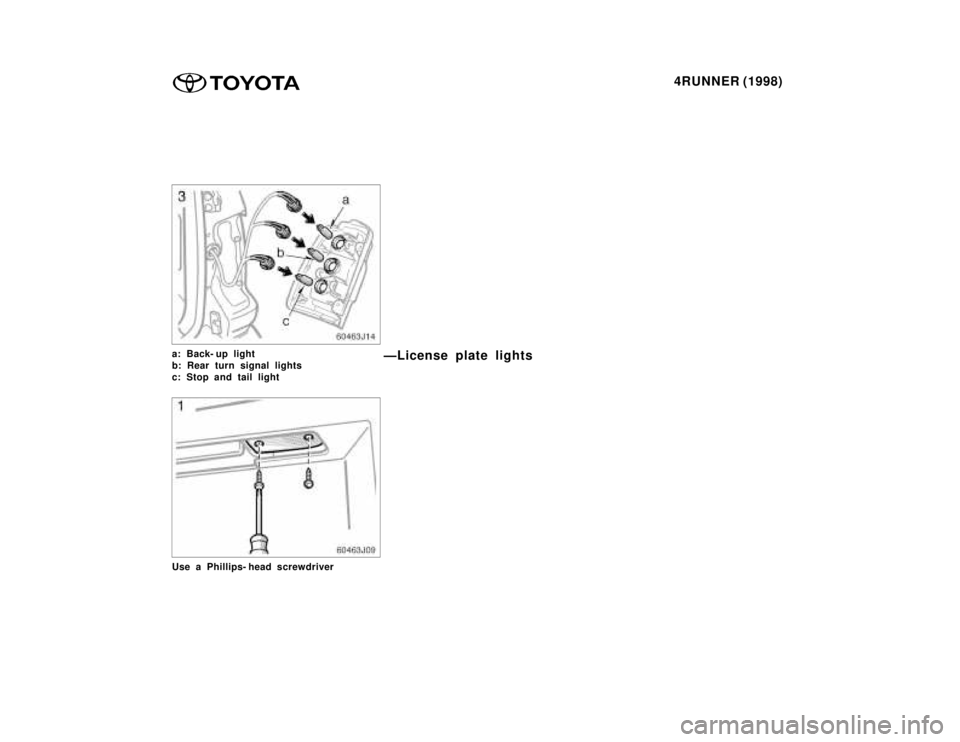 TOYOTA 4RUNNER 1998  Owners Manual 4RUNNER (1998)
a: Back- up light 
b: Rear turn signal lights
c: Stop and tail light ÐLicense plate lights
Use a Phillips- head screwdriver    