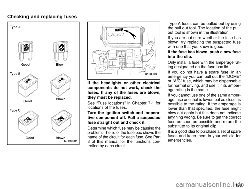 TOYOTA 4RUNNER 1996  Owners Manual 199
If the headlights or other electrical 
components  do not work, check the 
fuses. If any of the fuses are blown,
they must be replaced. 
See Fuse locationsº in Chapter 7-1 for 
locations of the 