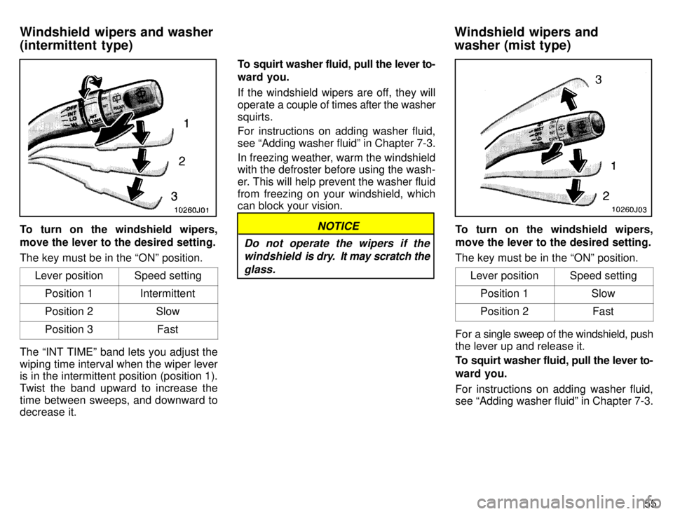 TOYOTA 4RUNNER 1996 Workshop Manual 55
To turn on the windshield wipers, move the lever to the desired setting. The key must be in the ONº position.Lever position
Speed setting
Position 1Intermittent
Position 2Slow
Position 3Fast
The 