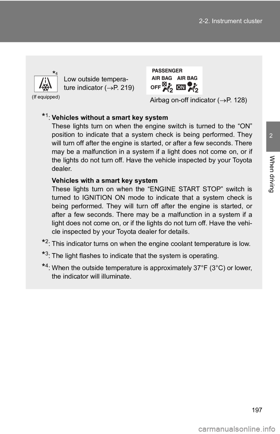 TOYOTA 86 2018  Owners Manual 197
2-2. Instrument cluster
2
When driving
*1:
Vehicles without a smart key system
These  lights  turn  on  when  the  engine  switch  is  turned  to  the  “O N”
position  to  indicate  that  a  s