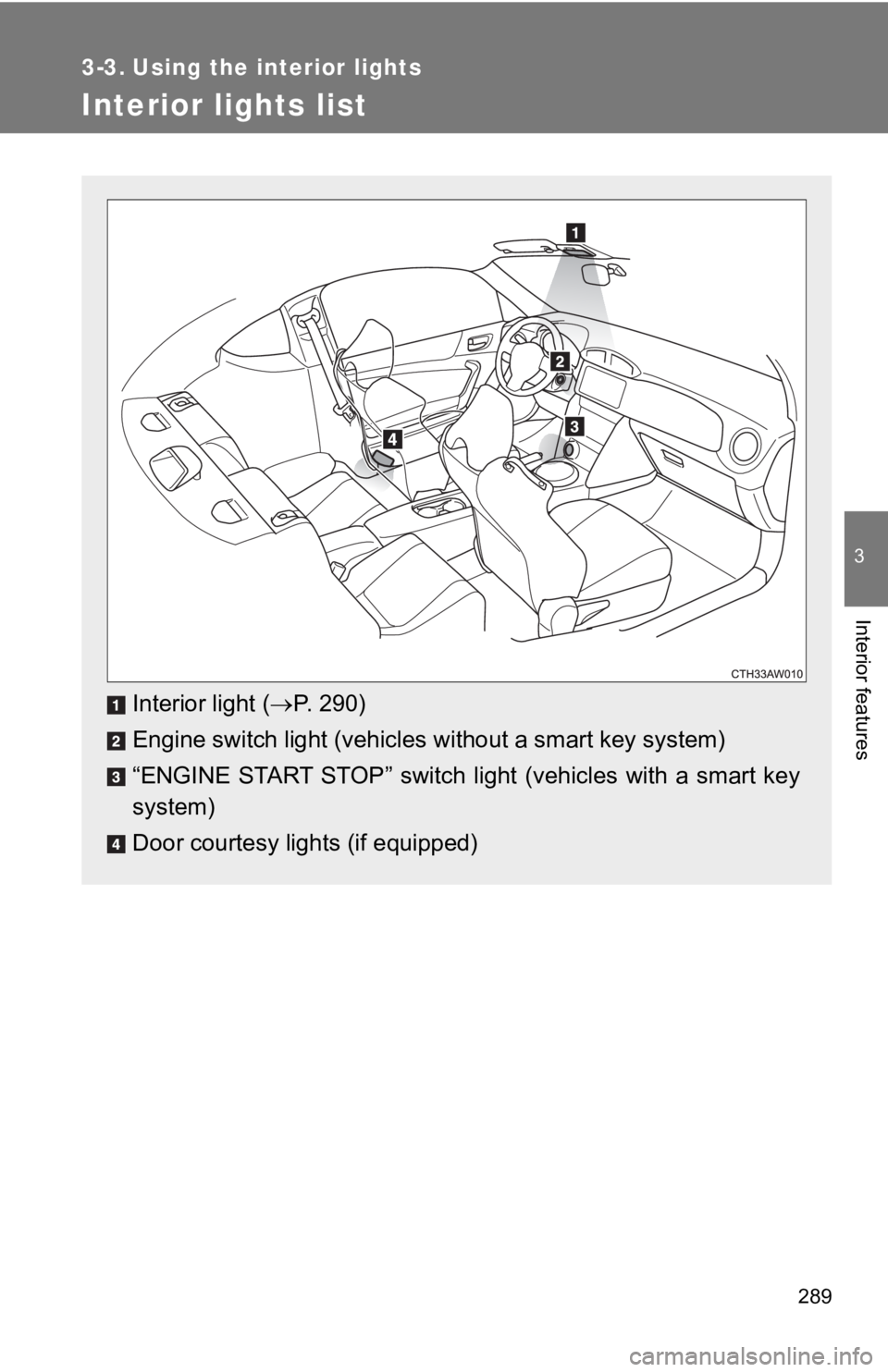 TOYOTA 86 2018 Owners Manual 289
3
Interior features
3-3. Using the interior lights
Interior lights list
Interior light (P. 290)
Engine switch light (vehicles without a smart key system)
“ENGINE START STOP” switch lig TOYOTA 86 2018 Owners Manual 289
3
Interior features
3-3. Using the interior lights
Interior lights list
Interior light (P. 290)
Engine switch light (vehicles without a smart key system)
“ENGINE START STOP” switch lig
