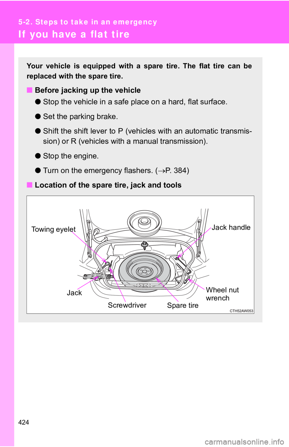 TOYOTA 86 2018 Owners Manual 424
5-2. Steps to take in an emergency
If you have a flat tire
Your vehicle is equipped with a spare tire. The flat tire can be
replaced with the spare tire.
■ Before jacking up the vehicle
●Stop TOYOTA 86 2018 Owners Manual 424
5-2. Steps to take in an emergency
If you have a flat tire
Your vehicle is equipped with a spare tire. The flat tire can be
replaced with the spare tire.
■ Before jacking up the vehicle
●Stop
