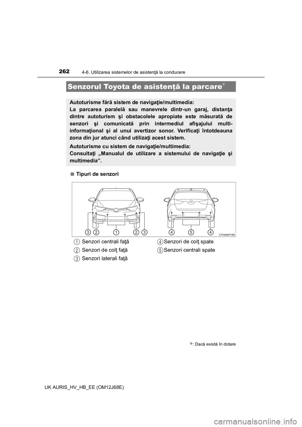 TOYOTA AURIS HYBRID 2015 Manual de utilizare (in Romanian) 2624-6. Utilizarea sistemelor de asistenţă la conducere
UK AURIS_HV_HB_EE (OM12J68E)■
Tipuri de senzori
Senzorul Toyota de asistenţă la parcare∗
∗: Dacă există în dotare
Autoturisme făr TOYOTA AURIS HYBRID 2015 Manual de utilizare (in Romanian) 2624-6. Utilizarea sistemelor de asistenţă la conducere
UK AURIS_HV_HB_EE (OM12J68E)■
Tipuri de senzori
Senzorul Toyota de asistenţă la parcare∗
∗: Dacă există în dotare
Autoturisme făr