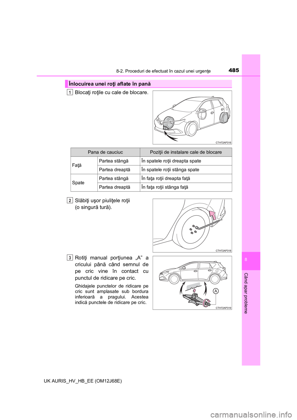TOYOTA AURIS HYBRID 2015 Manual de utilizare (in Romanian) 4858-2. Proceduri de efectuat în cazul unei urgenţe
UK AURIS_HV_HB_EE (OM12J68E)
8
Când apar probleme
Blocaţi roţile cu cale de blocare.
Slăbiţi uşor piuliţele roţii
(o singură tură).
Rot TOYOTA AURIS HYBRID 2015 Manual de utilizare (in Romanian) 4858-2. Proceduri de efectuat în cazul unei urgenţe
UK AURIS_HV_HB_EE (OM12J68E)
8
Când apar probleme
Blocaţi roţile cu cale de blocare.
Slăbiţi uşor piuliţele roţii
(o singură tură).
Rot