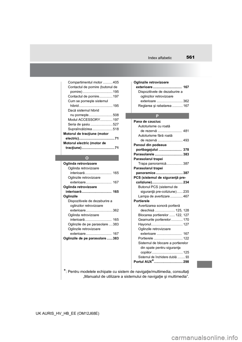 TOYOTA AURIS HYBRID 2015 Manual de utilizare (in Romanian) 561Index alfabetic
UK AURIS_HV_HB_EE (OM12J68E)
Compartimentul motor .......... 405
Contactul de pornire (butonul de
pornire) ............................... 195
Contactul de pornire.............. 19 TOYOTA AURIS HYBRID 2015 Manual de utilizare (in Romanian) 561Index alfabetic
UK AURIS_HV_HB_EE (OM12J68E)
Compartimentul motor .......... 405
Contactul de pornire (butonul de
pornire) ............................... 195
Contactul de pornire.............. 19