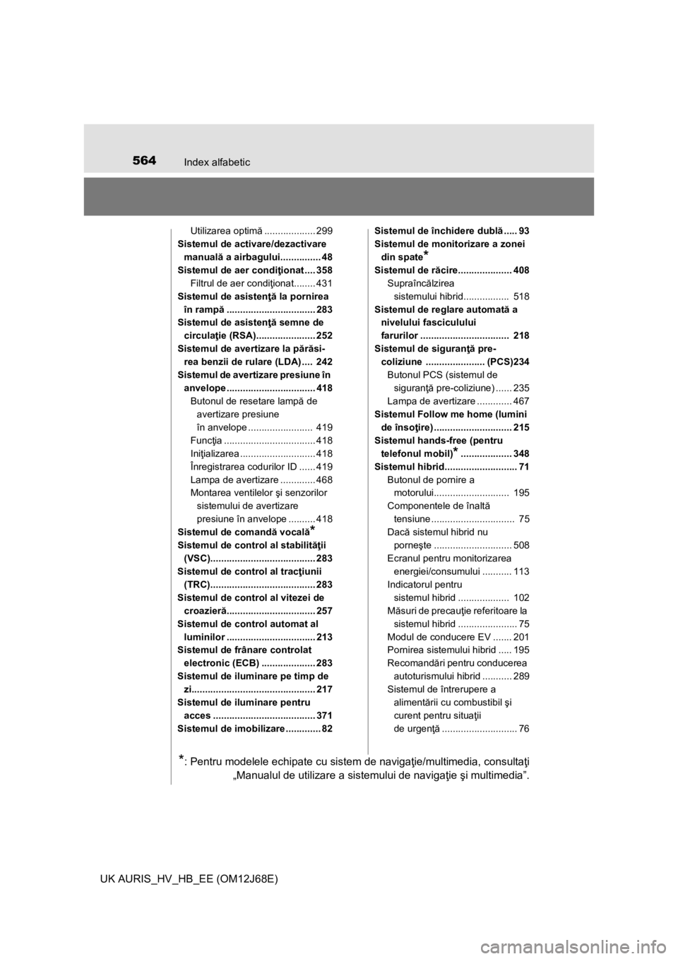 TOYOTA AURIS HYBRID 2015 Manual de utilizare (in Romanian) 564Index alfabetic
UK AURIS_HV_HB_EE (OM12J68E)
Utilizarea optimă................... 299
Sistemul de activare/dezactivare
manuală a airbagului............... 48
Sistemul de aer condiţionat .... 35 TOYOTA AURIS HYBRID 2015 Manual de utilizare (in Romanian) 564Index alfabetic
UK AURIS_HV_HB_EE (OM12J68E)
Utilizarea optimă................... 299
Sistemul de activare/dezactivare
manuală a airbagului............... 48
Sistemul de aer condiţionat .... 35