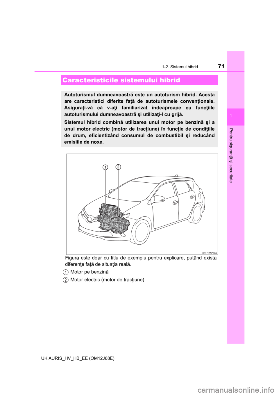 TOYOTA AURIS HYBRID 2015 Manual de utilizare (in Romanian) 71
1
Pentru siguranţă şi securitate
UK AURIS_HV_HB_EE (OM12J68E)
1-2. Sistemul hibrid
Figura este doar cu titlu de exemplu pentru explicare, putând exista
diferenţe faţă de situaţia reală.
Mo TOYOTA AURIS HYBRID 2015 Manual de utilizare (in Romanian) 71
1
Pentru siguranţă şi securitate
UK AURIS_HV_HB_EE (OM12J68E)
1-2. Sistemul hibrid
Figura este doar cu titlu de exemplu pentru explicare, putând exista
diferenţe faţă de situaţia reală.
Mo