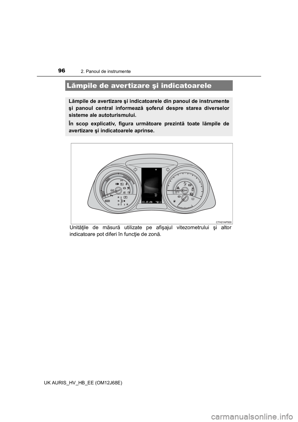 TOYOTA AURIS HYBRID 2015 Manual de utilizare (in Romanian) 96
UK AURIS_HV_HB_EE (OM12J68E)
2. Panoul de instrumente
Unităţile de măsură utilizate pe afişajul vitezometrului şi altor
indicatoare pot diferi în funcţie de zonă.
Lămpile de aver tizare TOYOTA AURIS HYBRID 2015 Manual de utilizare (in Romanian) 96
UK AURIS_HV_HB_EE (OM12J68E)
2. Panoul de instrumente
Unităţile de măsură utilizate pe afişajul vitezometrului şi altor
indicatoare pot diferi în funcţie de zonă.
Lămpile de aver tizare