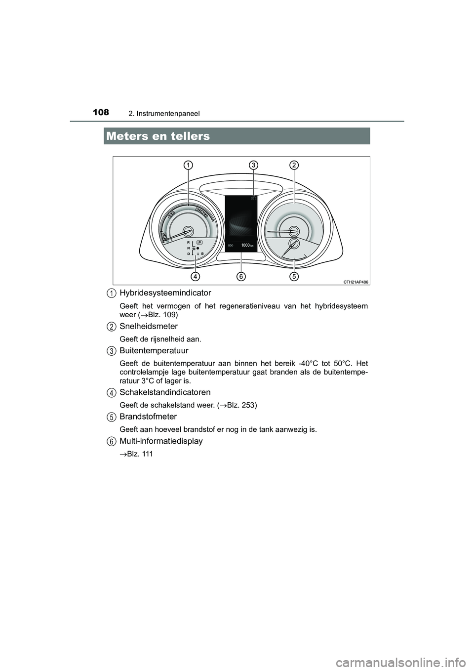 TOYOTA AURIS HYBRID 2018 Instructieboekje (in Dutch) 1082. Instrumentenpaneel
UK AURIS_HV_HB_EE
Hybridesysteemindicator
Geeft het vermogen of het regeneratieniveau van het hybridesysteem
weer (Blz. 109)
Snelheidsmeter
Geeft de rijsnelheid aan TOYOTA AURIS HYBRID 2018 Instructieboekje (in Dutch) 1082. Instrumentenpaneel
UK AURIS_HV_HB_EE
Hybridesysteemindicator
Geeft het vermogen of het regeneratieniveau van het hybridesysteem
weer (Blz. 109)
Snelheidsmeter
Geeft de rijsnelheid aan