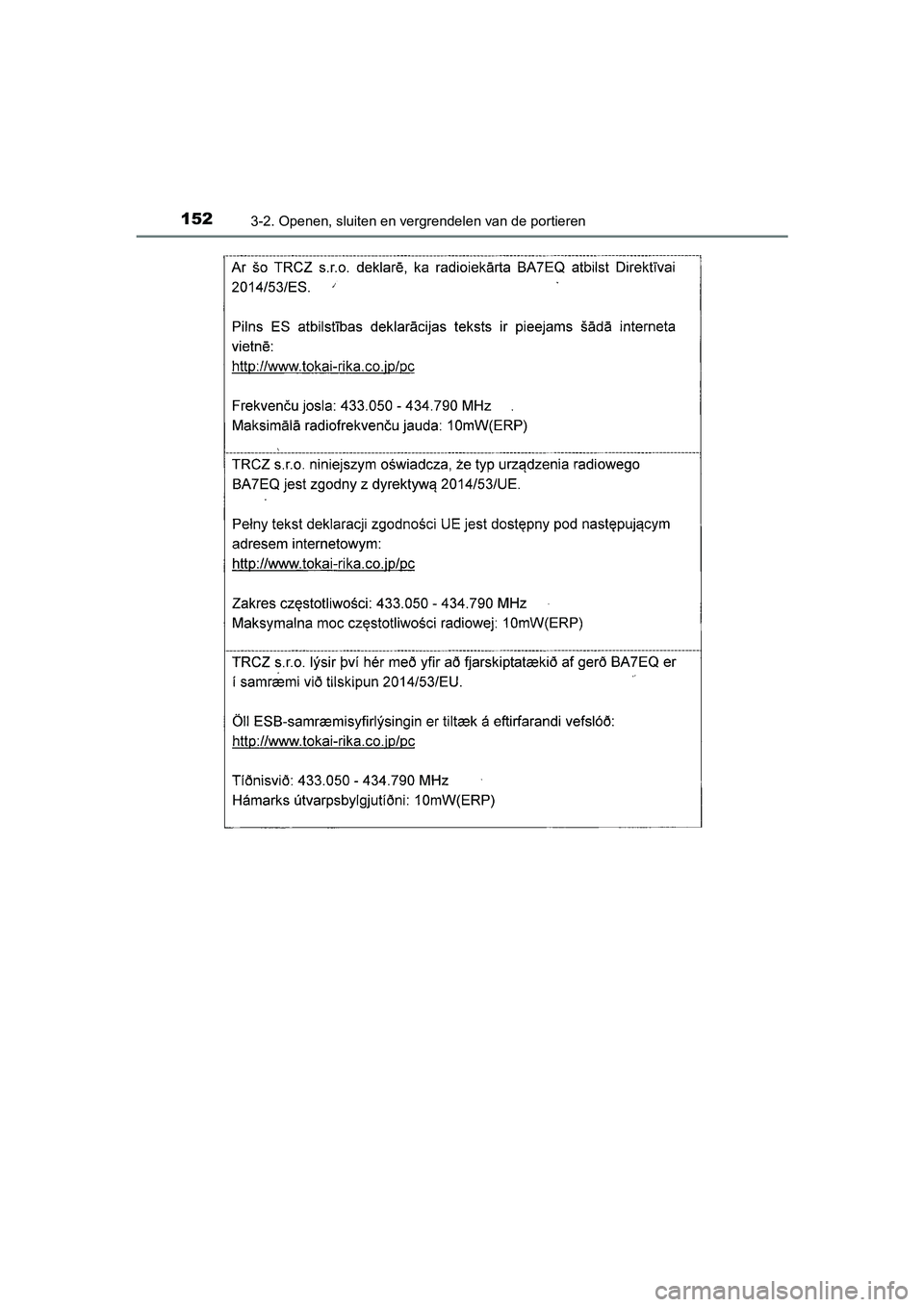 TOYOTA AURIS HYBRID 2018  Instructieboekje (in Dutch) 1523-2. Openen, sluiten en vergrendelen van de portieren
UK AURIS_HV_HB_EE
AURIS_HV_OM_Europe_OM12M76E.book  Page 152  Wednesday, April 4, 2018  1:38 PM 