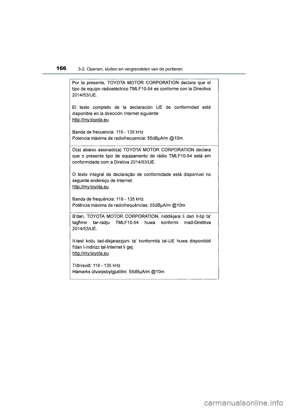 TOYOTA AURIS HYBRID 2018  Instructieboekje (in Dutch) 1663-2. Openen, sluiten en vergrendelen van de portieren
UK AURIS_HV_HB_EE
AURIS_HV_OM_Europe_OM12M76E.book  Page 166  Wednesday, April 4, 2018  1:38 PM 