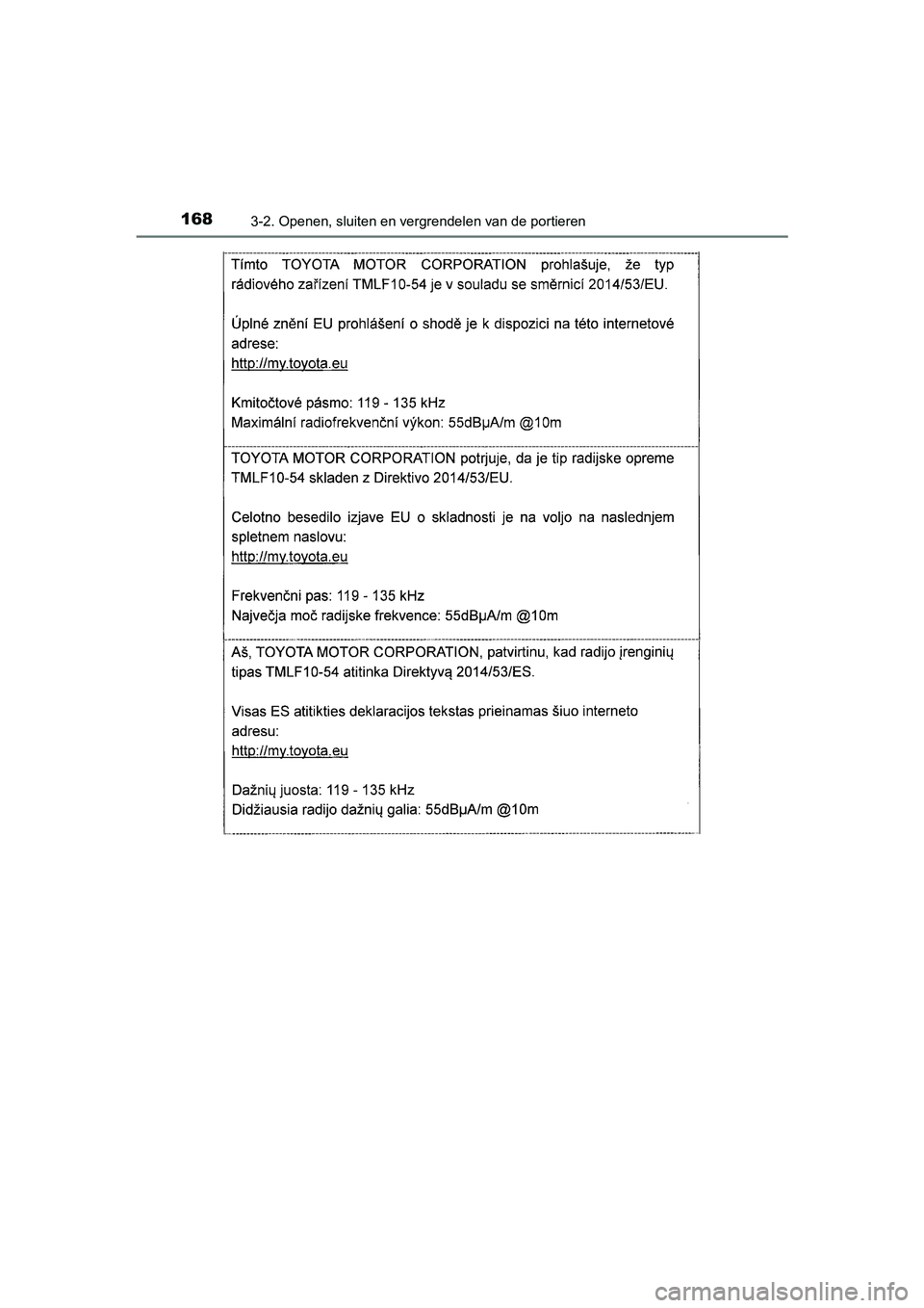 TOYOTA AURIS HYBRID 2018  Instructieboekje (in Dutch) 1683-2. Openen, sluiten en vergrendelen van de portieren
UK AURIS_HV_HB_EE
AURIS_HV_OM_Europe_OM12M76E.book  Page 168  Wednesday, April 4, 2018  1:38 PM 
