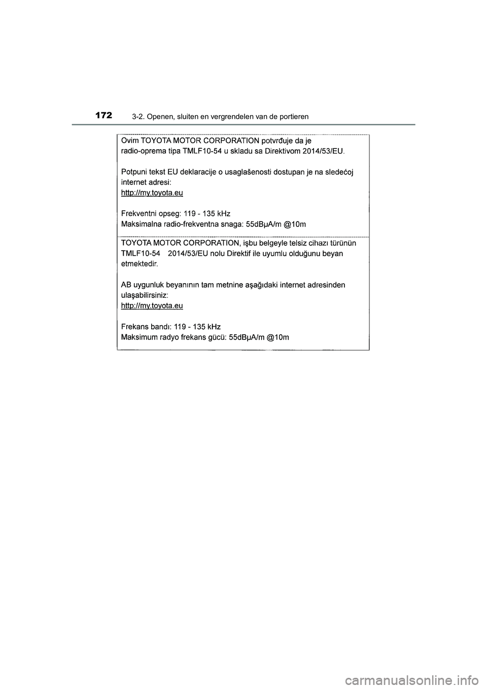 TOYOTA AURIS HYBRID 2018  Instructieboekje (in Dutch) 1723-2. Openen, sluiten en vergrendelen van de portieren
UK AURIS_HV_HB_EE
AURIS_HV_OM_Europe_OM12M76E.book  Page 172  Wednesday, April 4, 2018  1:38 PM  TOYOTA AURIS HYBRID 2018  Instructieboekje (in Dutch) 1723-2. Openen, sluiten en vergrendelen van de portieren
UK AURIS_HV_HB_EE
AURIS_HV_OM_Europe_OM12M76E.book  Page 172  Wednesday, April 4, 2018  1:38 PM