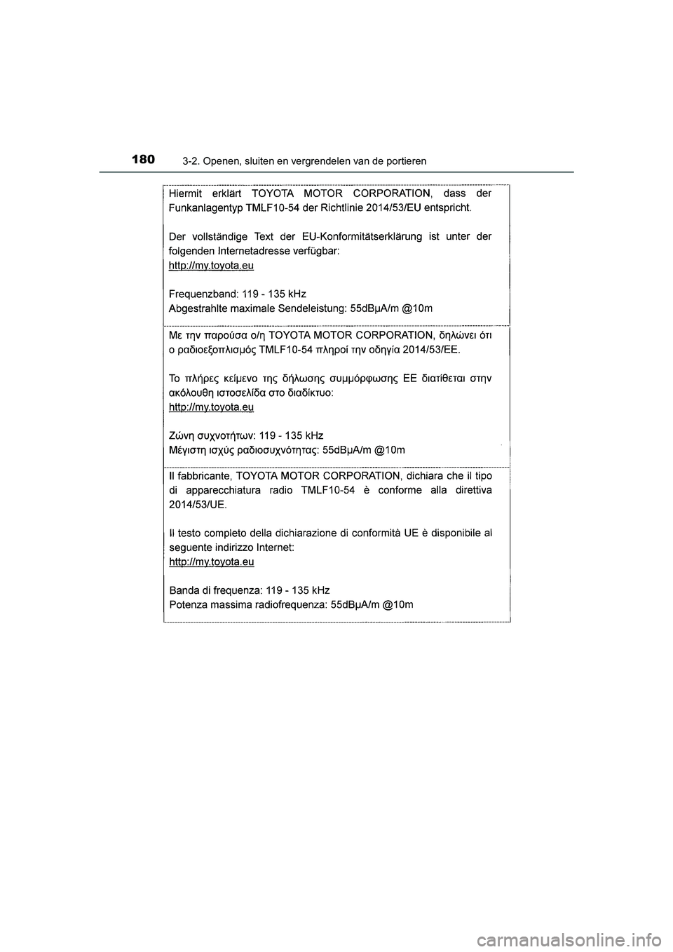 TOYOTA AURIS HYBRID 2018  Instructieboekje (in Dutch) 1803-2. Openen, sluiten en vergrendelen van de portieren
UK AURIS_HV_HB_EE
AURIS_HV_OM_Europe_OM12M76E.book  Page 180  Wednesday, April 4, 2018  1:38 PM 