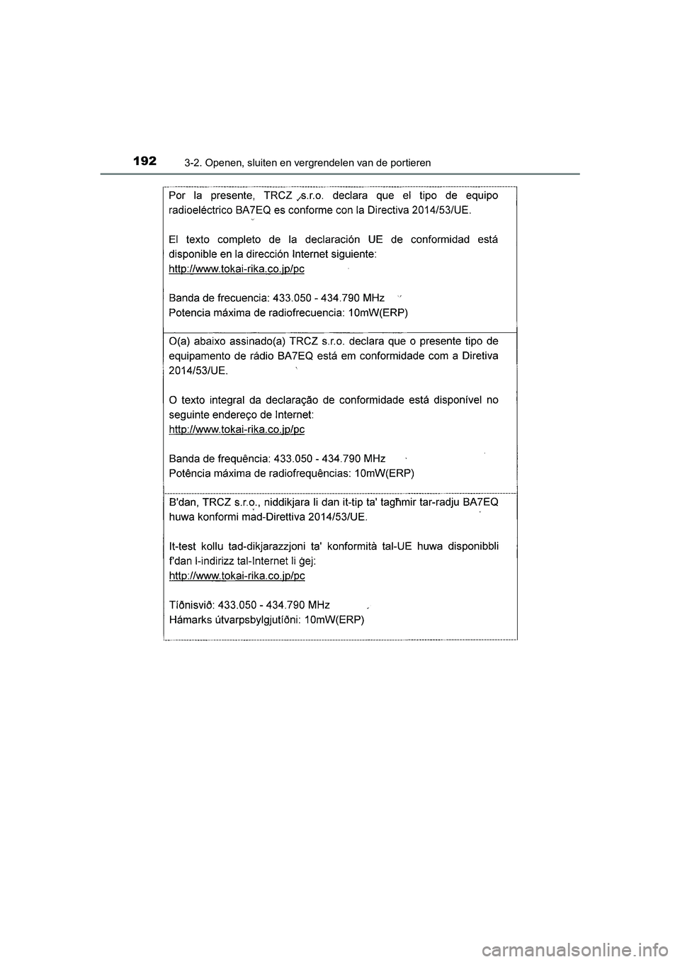 TOYOTA AURIS HYBRID 2018  Instructieboekje (in Dutch) 1923-2. Openen, sluiten en vergrendelen van de portieren
UK AURIS_HV_HB_EE
AURIS_HV_OM_Europe_OM12M76E.book  Page 192  Wednesday, April 4, 2018  1:38 PM 