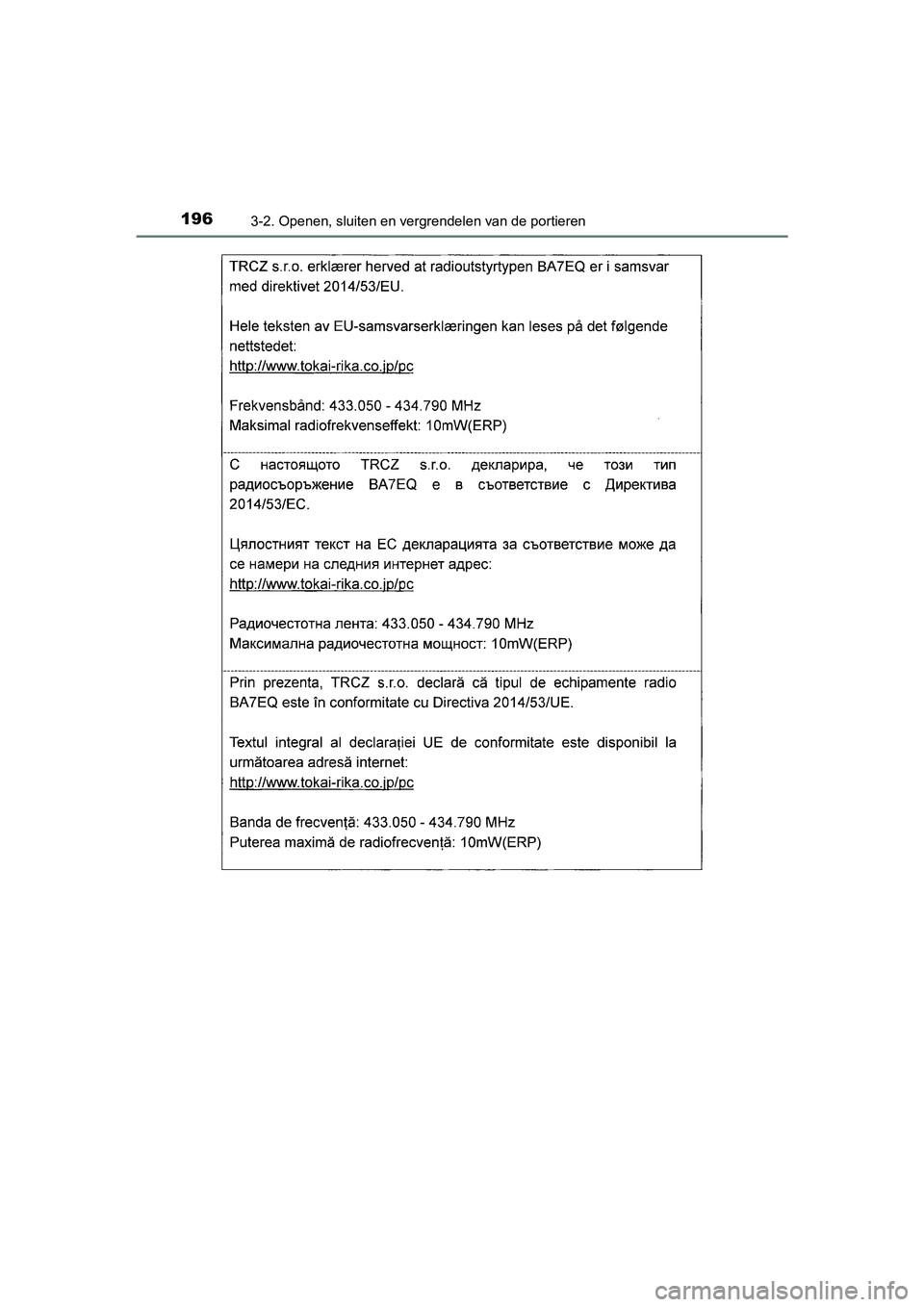 TOYOTA AURIS HYBRID 2018  Instructieboekje (in Dutch) 1963-2. Openen, sluiten en vergrendelen van de portieren
UK AURIS_HV_HB_EE
AURIS_HV_OM_Europe_OM12M76E.book  Page 196  Wednesday, April 4, 2018  1:38 PM 