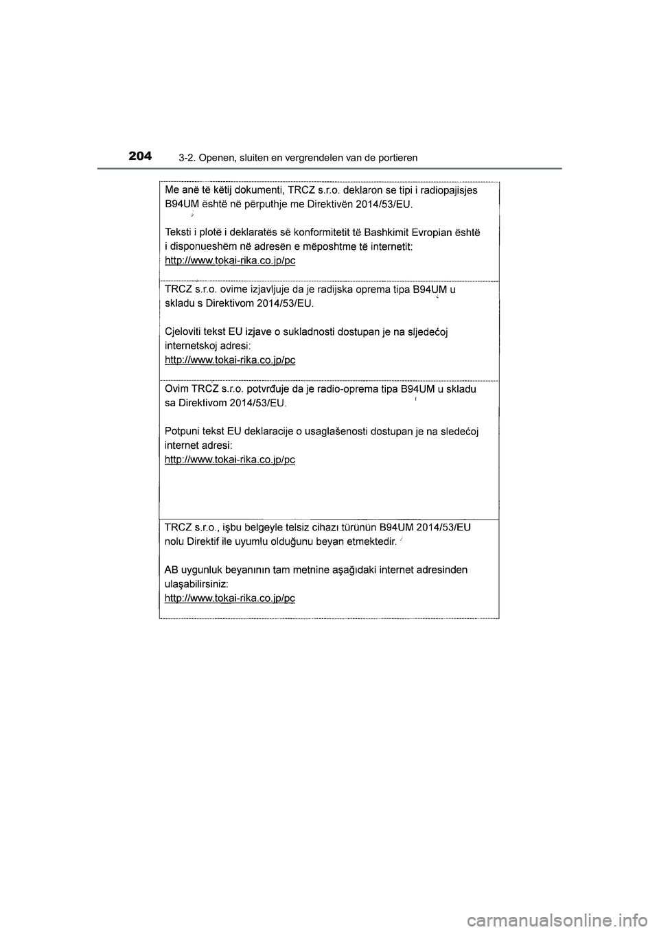 TOYOTA AURIS HYBRID 2018  Instructieboekje (in Dutch) 2043-2. Openen, sluiten en vergrendelen van de portieren
UK AURIS_HV_HB_EE
AURIS_HV_OM_Europe_OM12M76E.book  Page 204  Wednesday, April 4, 2018  1:38 PM 