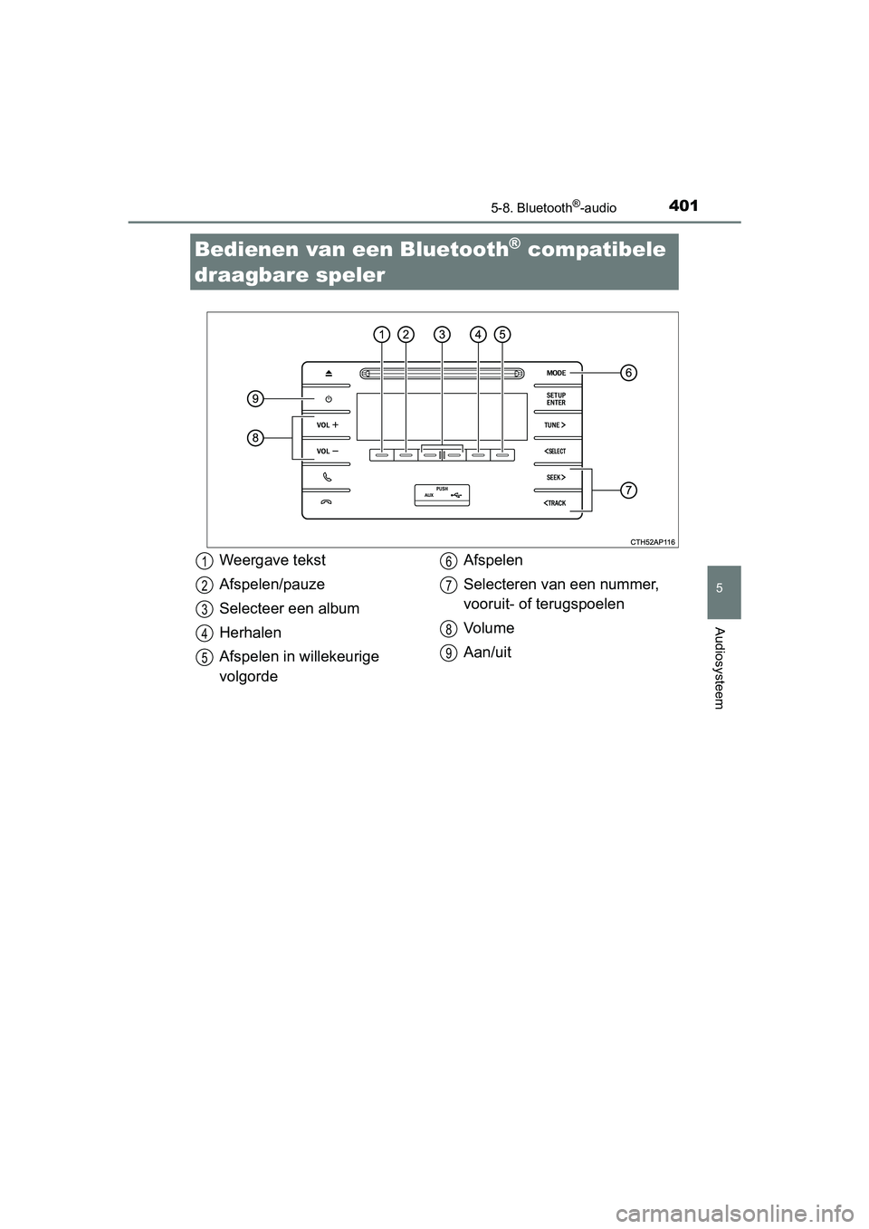 TOYOTA AURIS HYBRID 2018 Instructieboekje (in Dutch) 401
UK AURIS_HV_HB_EE
5
Audiosysteem
5-8. Bluetooth®-audio
Bedienen van een Bluetooth® compatibele
draagbare speler
Weergave tekst
Afspelen/pauze
Selecteer een album
Herhalen
Afspelen in willekeur TOYOTA AURIS HYBRID 2018 Instructieboekje (in Dutch) 401
UK AURIS_HV_HB_EE
5
Audiosysteem
5-8. Bluetooth®-audio
Bedienen van een Bluetooth® compatibele
draagbare speler
Weergave tekst
Afspelen/pauze
Selecteer een album
Herhalen
Afspelen in willekeur