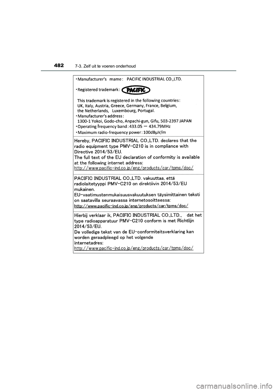 TOYOTA AURIS HYBRID 2018  Instructieboekje (in Dutch) 4827-3. Zelf uit te voeren onderhoud
UK AURIS_HV_HB_EE
AURIS_HV_OM_Europe_OM12M76E.book  Page 482  Wednesday, April 4, 2018  1:38 PM 