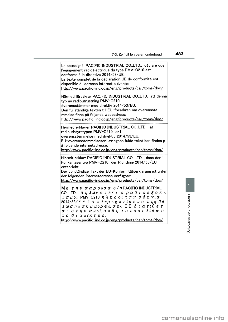 TOYOTA AURIS HYBRID 2018  Instructieboekje (in Dutch) 4837-3. Zelf uit te voeren onderhoud
UK AURIS_HV_HB_EE
7
Onderhoud en verzorging
AURIS_HV_OM_Europe_OM12M76E.book  Page 483  Wednesday, April 4, 2018  1:38 PM 