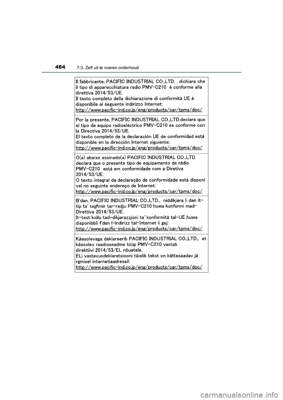 TOYOTA AURIS HYBRID 2018  Instructieboekje (in Dutch) 4847-3. Zelf uit te voeren onderhoud
UK AURIS_HV_HB_EE
AURIS_HV_OM_Europe_OM12M76E.book  Page 484  Wednesday, April 4, 2018  1:38 PM 