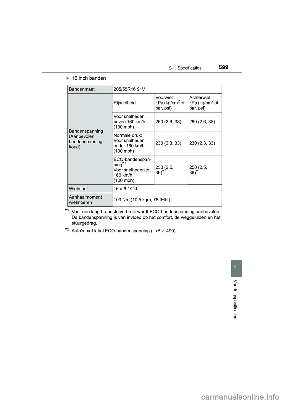 TOYOTA AURIS HYBRID 2018 Instructieboekje (in Dutch) 5999-1. Specificaties
UK AURIS_HV_HB_EE
9
Voertuigspecificaties
16 inch banden
*1: Voor een laag brandstofverbruik wordt ECO-bandenspanning aanbevolen.
De bandenspanning is van invloed op het comfo TOYOTA AURIS HYBRID 2018 Instructieboekje (in Dutch) 5999-1. Specificaties
UK AURIS_HV_HB_EE
9
Voertuigspecificaties
16 inch banden
*1: Voor een laag brandstofverbruik wordt ECO-bandenspanning aanbevolen.
De bandenspanning is van invloed op het comfo