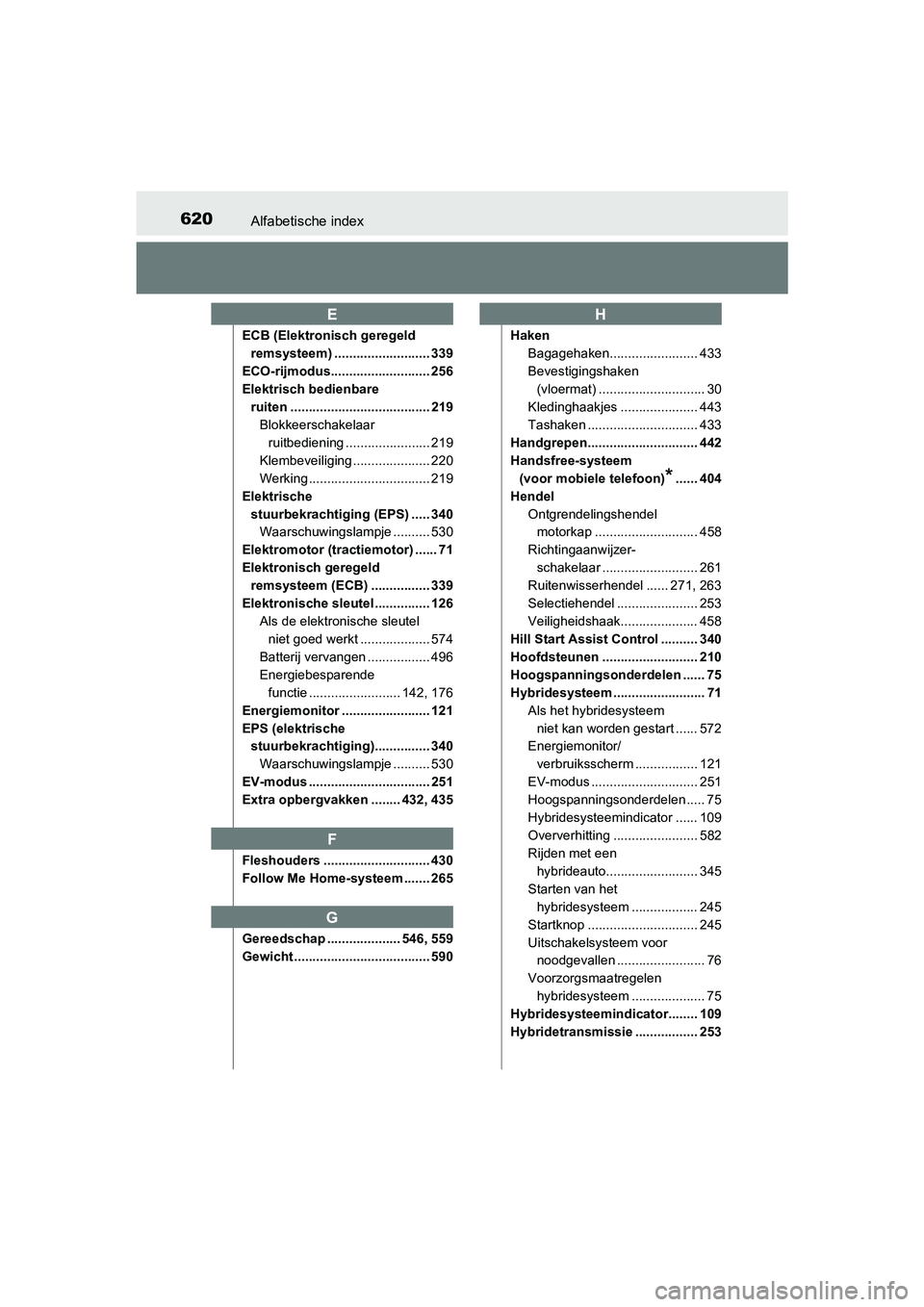 TOYOTA AURIS HYBRID 2018 Instructieboekje (in Dutch) 620Alfabetische index
UK AURIS_HV_HB_EE
ECB (Elektronisch geregeld
remsysteem) .......................... 339
ECO-rijmodus........................... 256
Elektrisch bedienbare
ruiten ............... TOYOTA AURIS HYBRID 2018 Instructieboekje (in Dutch) 620Alfabetische index
UK AURIS_HV_HB_EE
ECB (Elektronisch geregeld
remsysteem) .......................... 339
ECO-rijmodus........................... 256
Elektrisch bedienbare
ruiten ...............