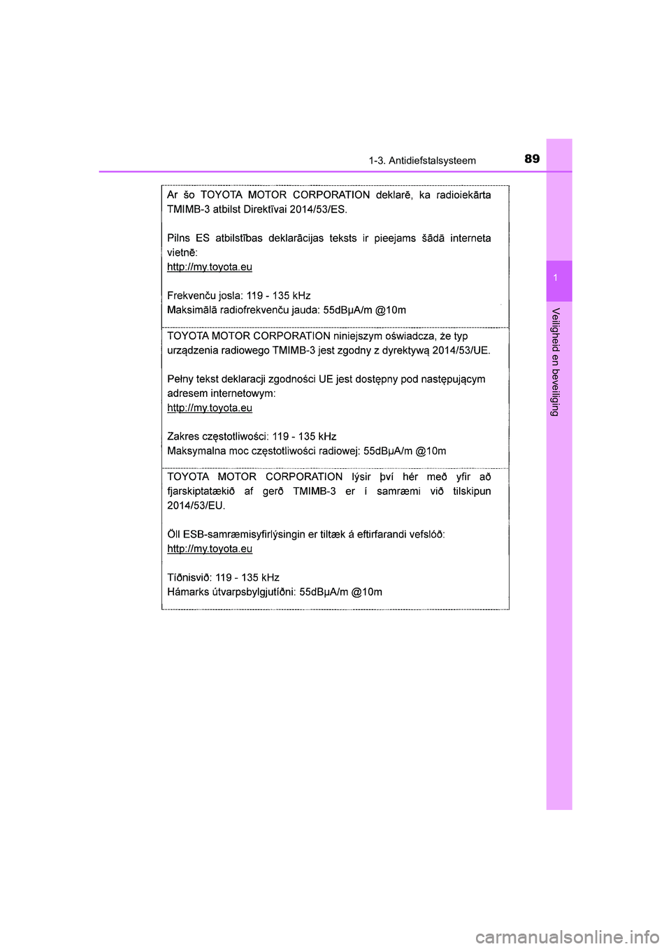 TOYOTA AURIS HYBRID 2018  Instructieboekje (in Dutch) 891-3. Antidiefstalsysteem
1
Veiligheid en beveiliging
UK AURIS_HV_HB_EE
AURIS_HV_OM_Europe_OM12M76E.book  Page 89  Wednesday, April 4, 2018  1:38 PM 