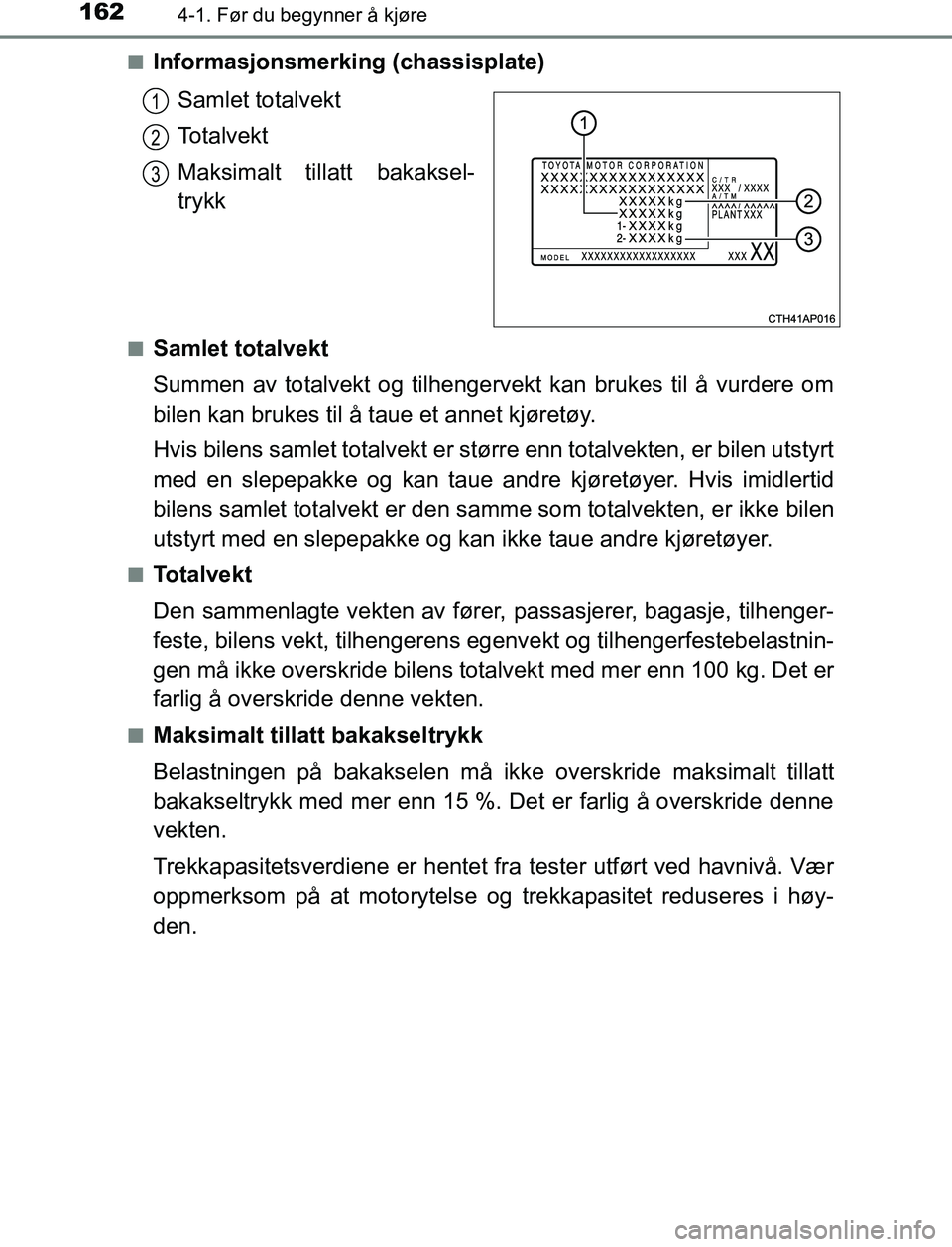 TOYOTA AURIS HYBRID 2017 Instruksjoner for bruk (in Norwegian) 1624-1. Før du begynner å kjøre
UK AURIS_HV_HB_EE (OM12L07NO)n
Informasjonsmerking (chassisplate)
Samlet totalvekt
Totalvekt
Maksimalt tillatt bakaksel-
trykk
nSamlet totalvekt
Summen av totalvekt TOYOTA AURIS HYBRID 2017 Instruksjoner for bruk (in Norwegian) 1624-1. Før du begynner å kjøre
UK AURIS_HV_HB_EE (OM12L07NO)n
Informasjonsmerking (chassisplate)
Samlet totalvekt
Totalvekt
Maksimalt tillatt bakaksel-
trykk
nSamlet totalvekt
Summen av totalvekt